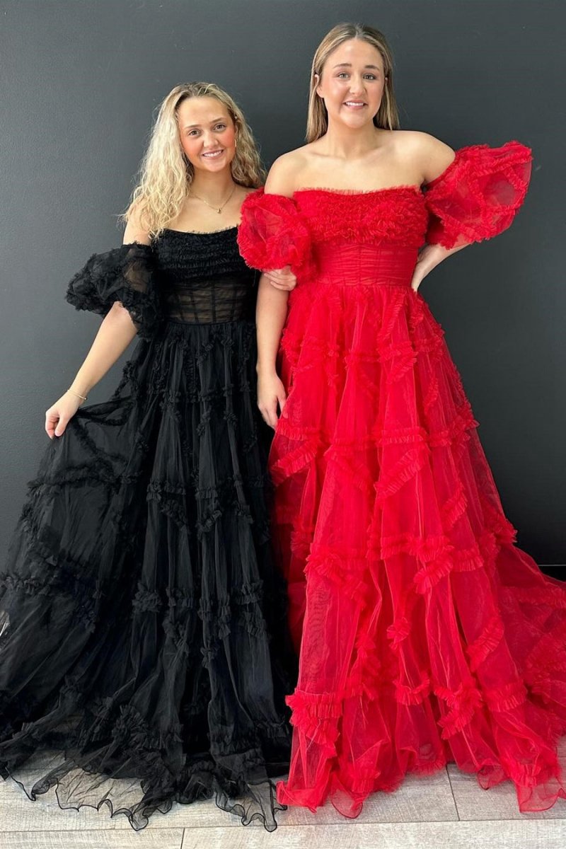 A-line Strapless Ruffles Long Formal Dresses with Puff Sleeves