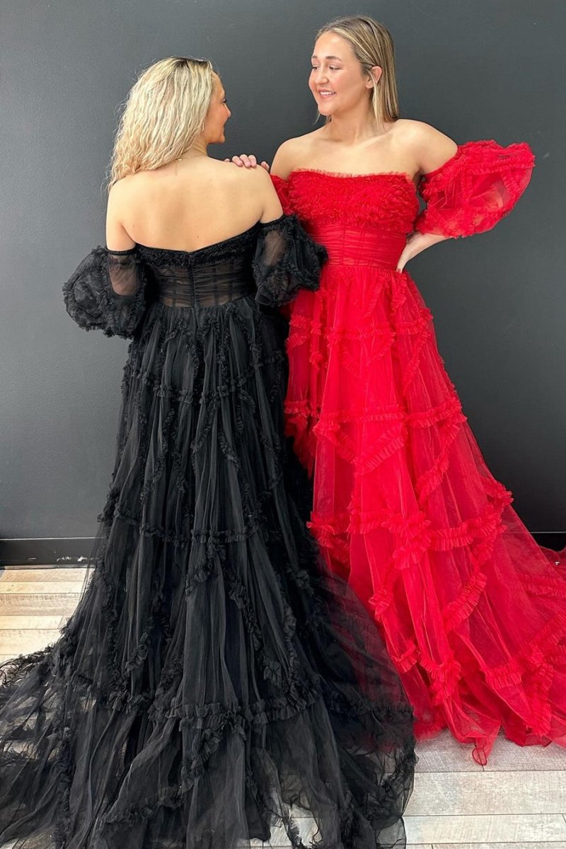 A-line Strapless Ruffles Long Formal Dresses with Puff Sleeves