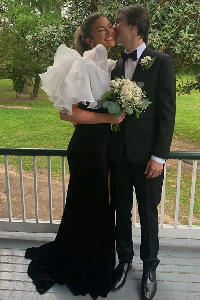 Mermaid V Neck Velvet Prom Dresses with Slit