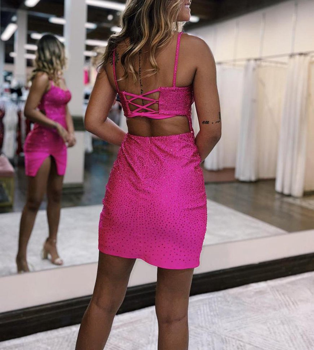 Sheath Beaded Satin Homecoming Dresses with Slit