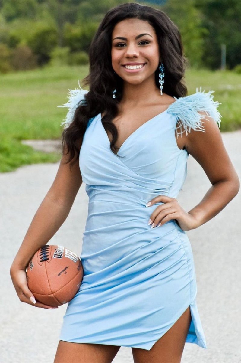 Sheath Pleated Jersey Homecoming Dresses with Feathers
