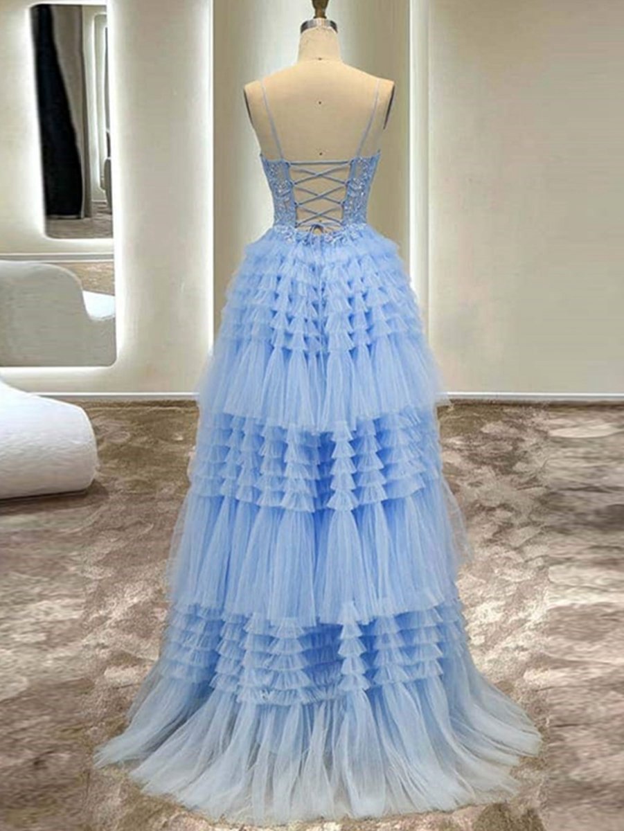 A-line Spaghetti Straps Tulle Long Prom Dresses