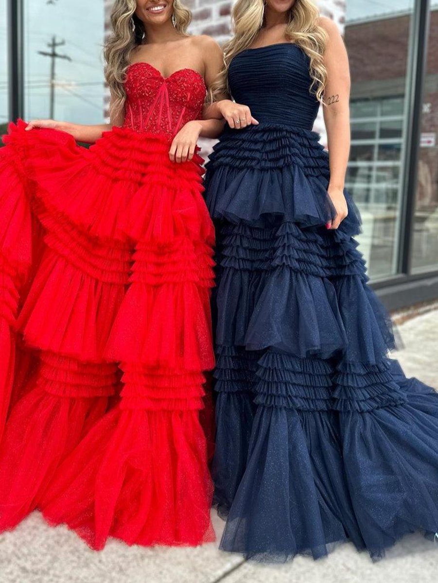 A-line Sweetheart Tie Long Tulle Prom Dresses