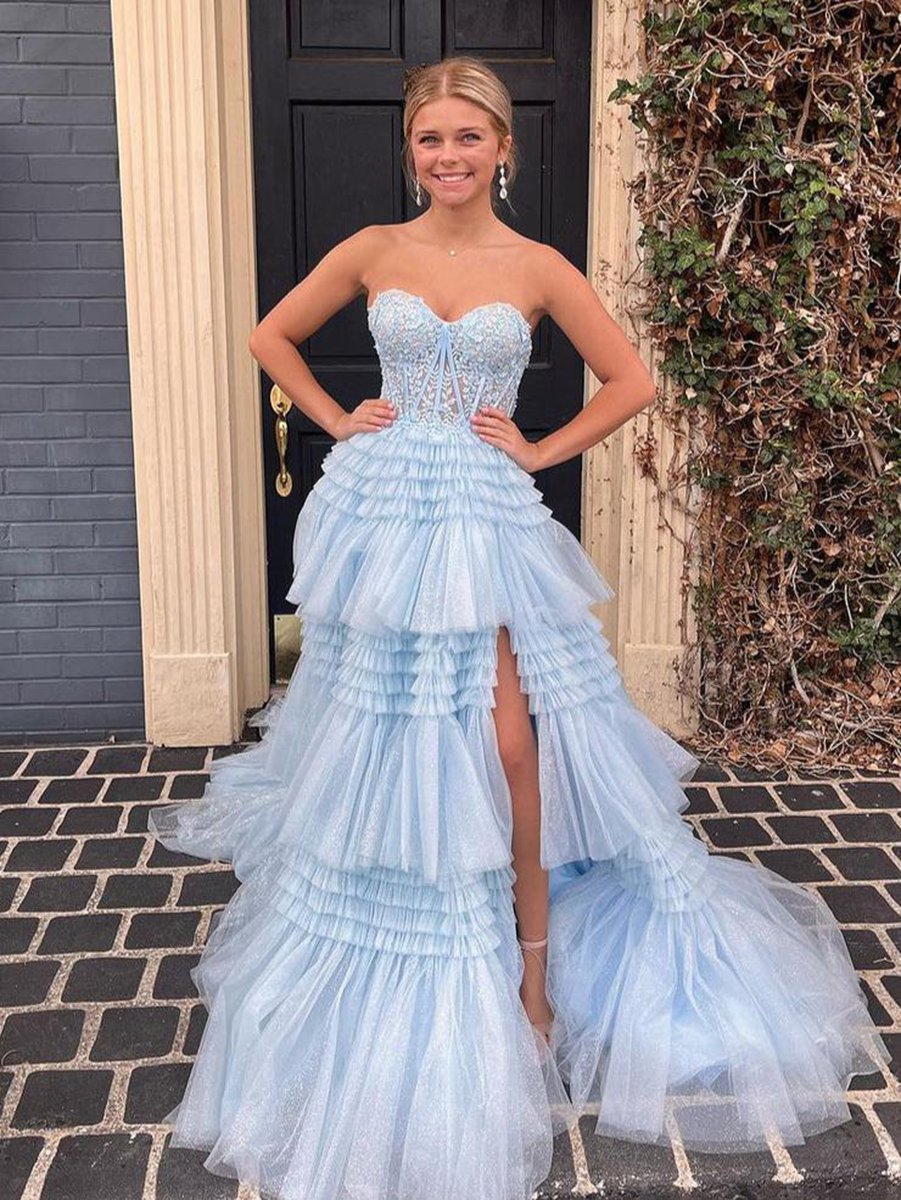 A-line Sweetheart Tie Long Tulle Prom Dresses