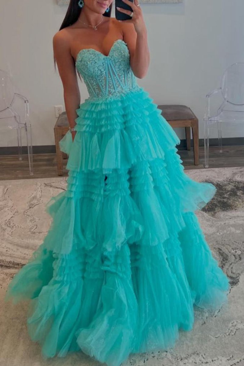 A-line Sweetheart Tie Long Tulle Prom Dresses