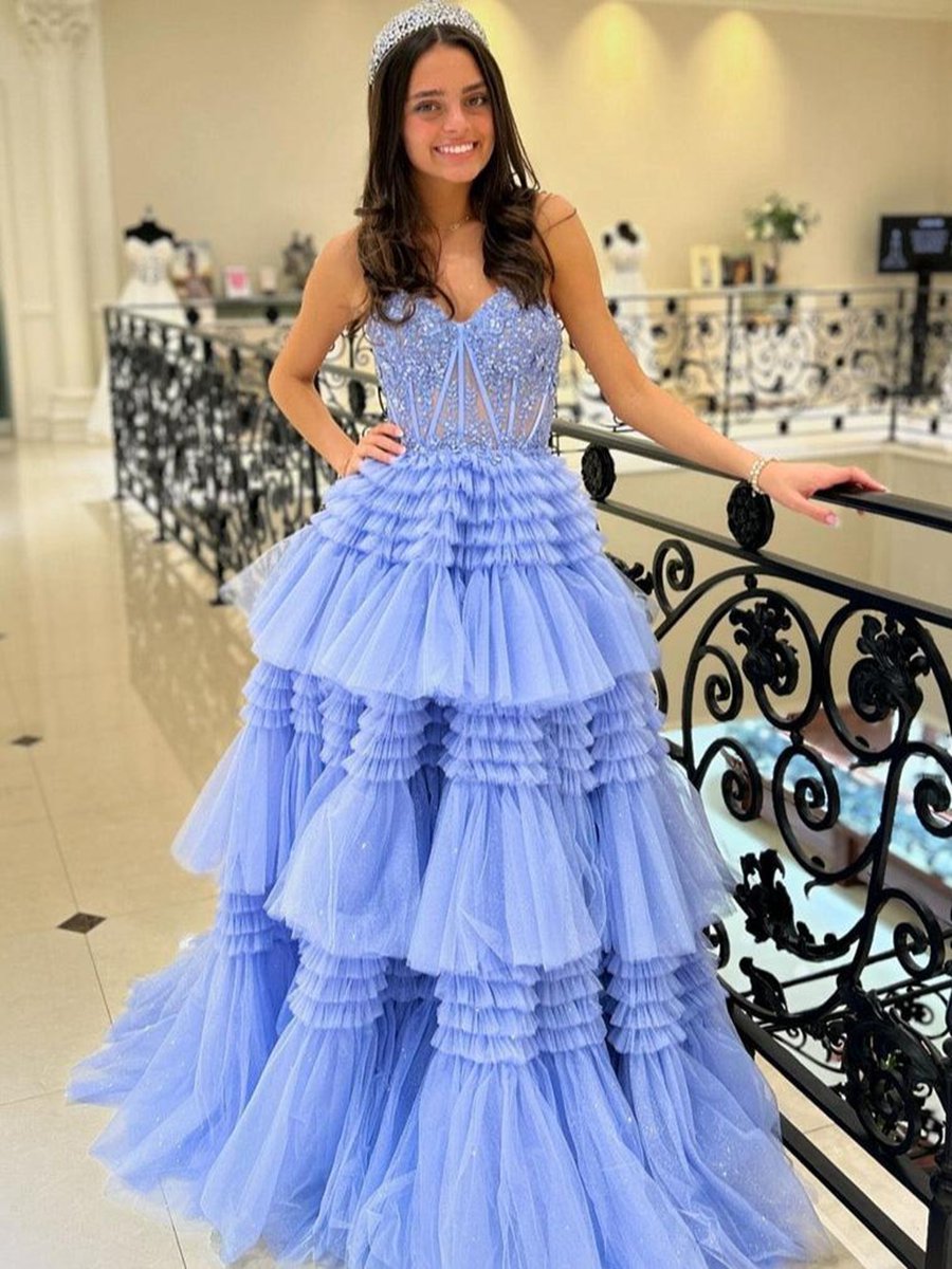 A-line Sweetheart Tie Long Tulle Prom Dresses