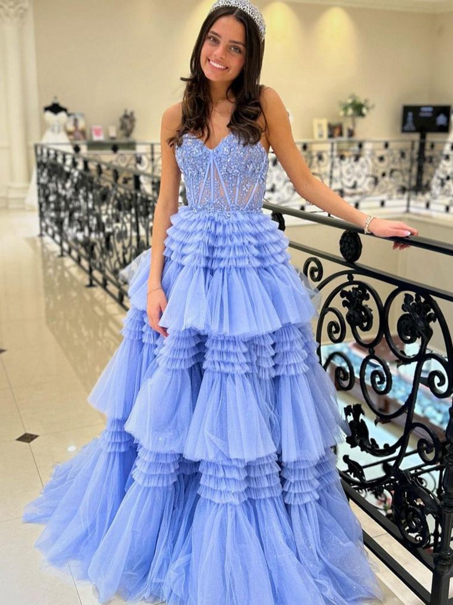 A-line Sweetheart Tie Long Tulle Prom Dresses