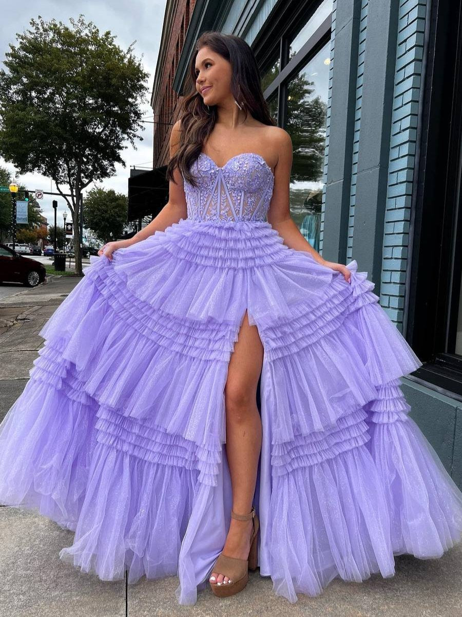 A-line Sweetheart Tie Long Tulle Prom Dresses