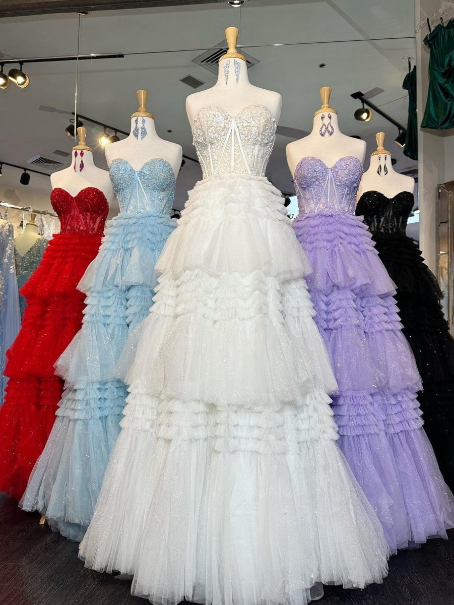 A-line Sweetheart Tie Long Tulle Prom Dresses
