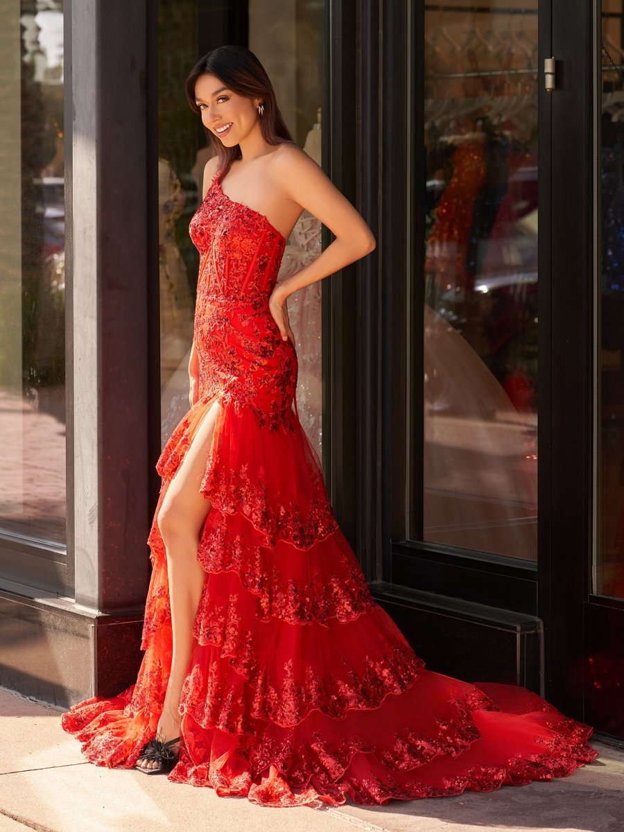 Sheath One Shoulder Tie Lace Long Prom Dresses