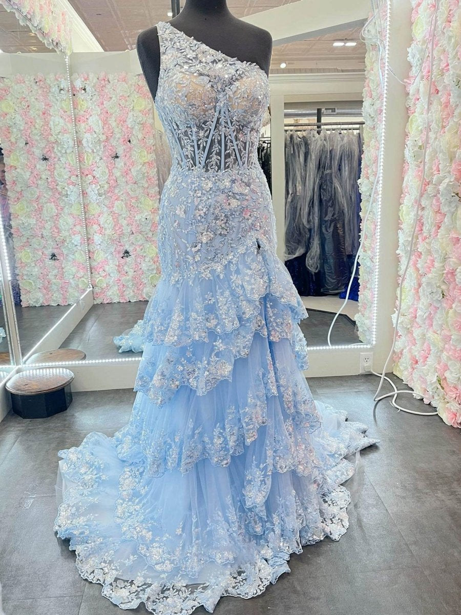 Sheath One Shoulder Tie Lace Long Prom Dresses