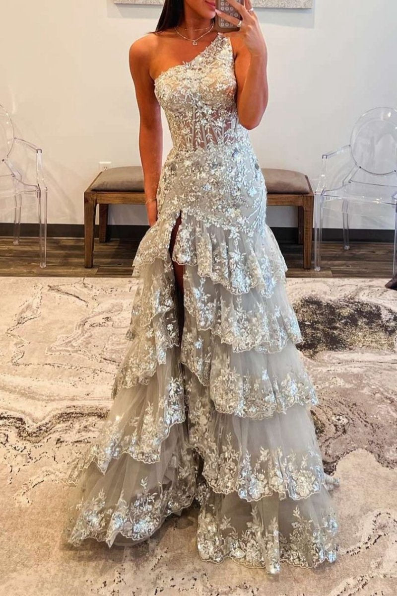 Sheath One Shoulder Tie Lace Long Prom Dresses