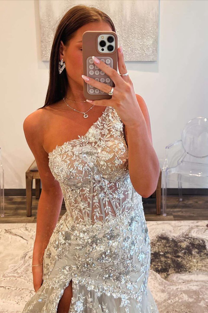 Sheath One Shoulder Tie Lace Long Prom Dresses