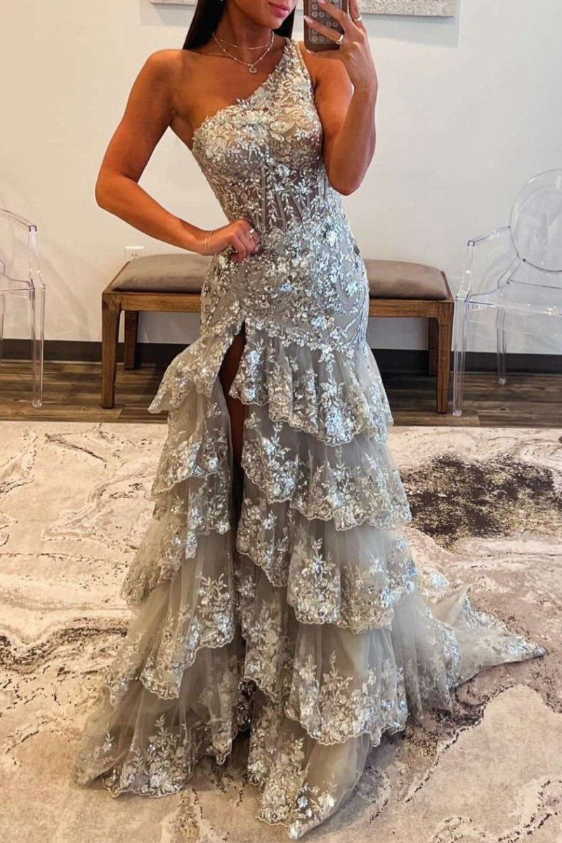 Sheath One Shoulder Tie Lace Long Prom Dresses