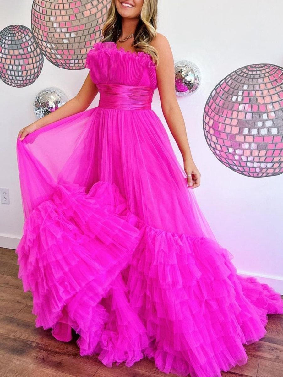 A-line Strapless Tie Long Tulle Prom Dresses