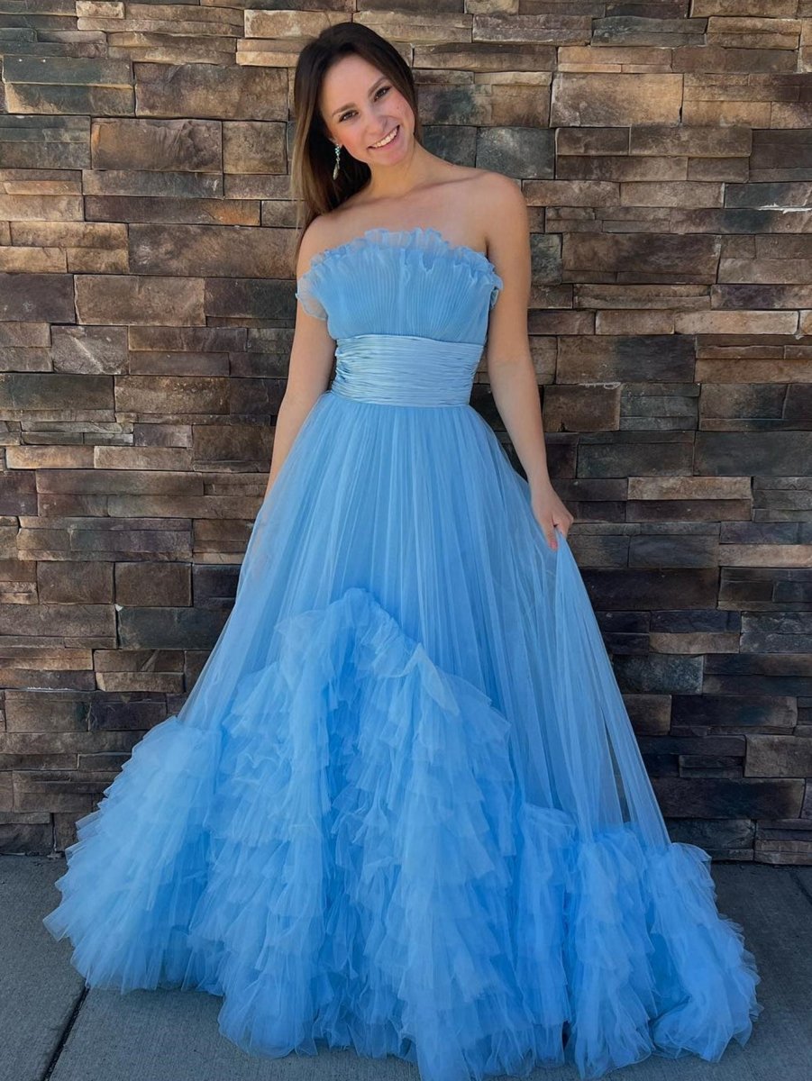 A-line Strapless Tie Long Tulle Prom Dresses