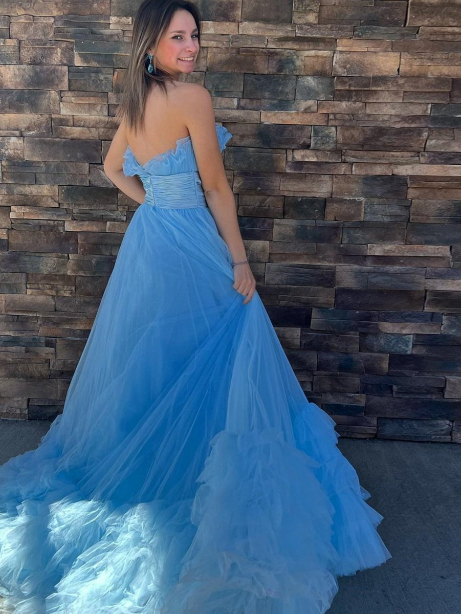 A-line Strapless Tie Long Tulle Prom Dresses