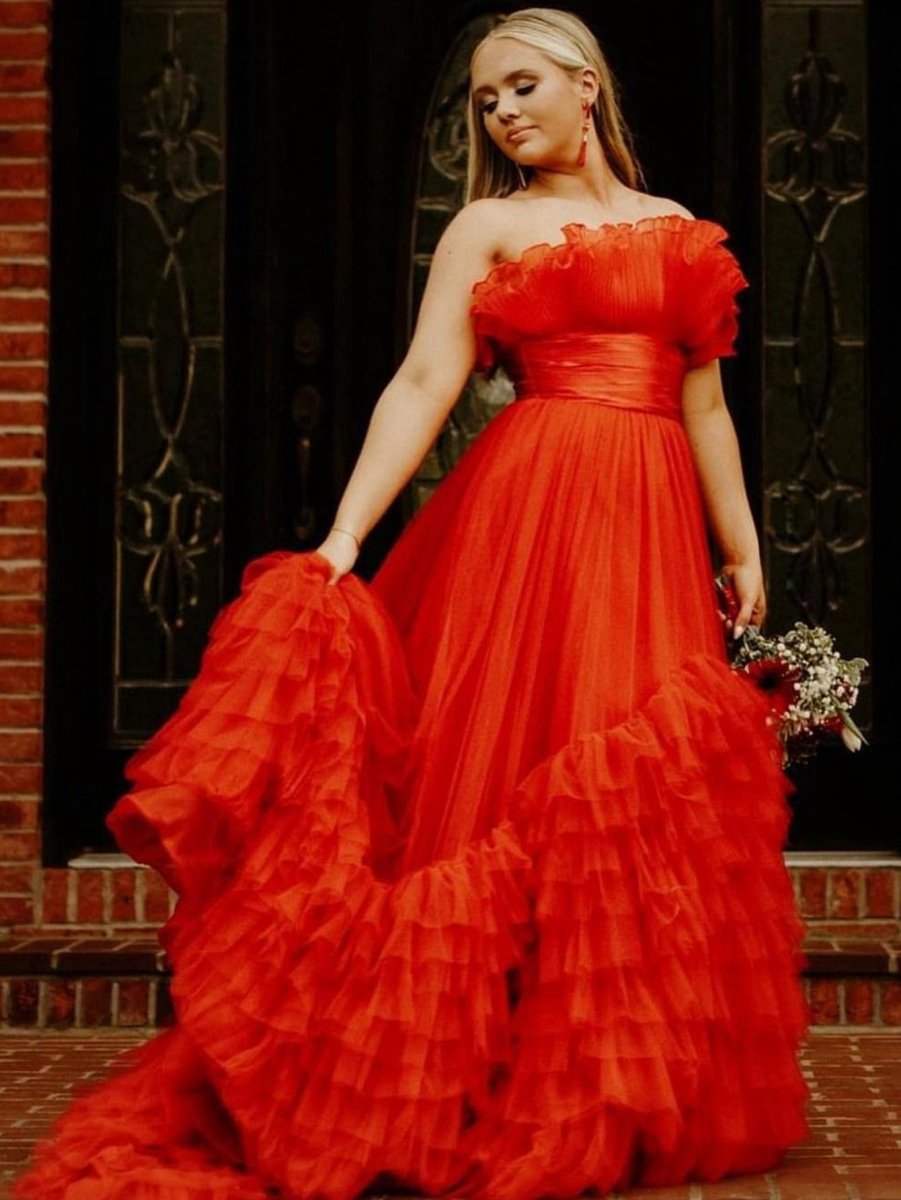 A-line Strapless Tie Long Tulle Prom Dresses