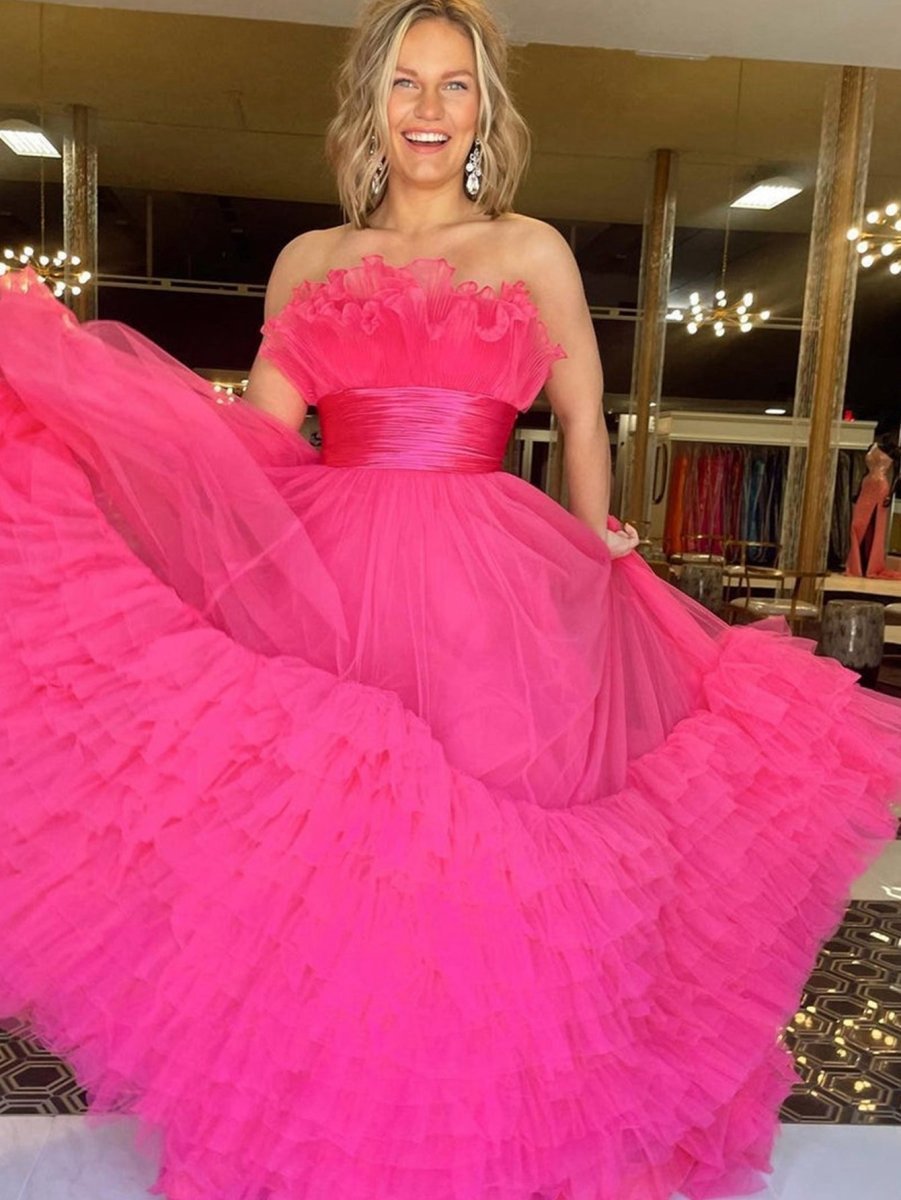 A-line Strapless Tie Long Tulle Prom Dresses