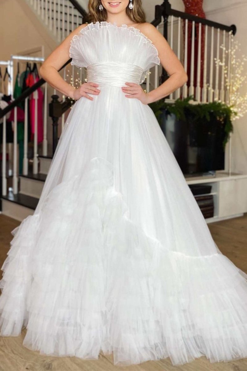 A-line Strapless Tie Long Tulle Prom Dresses