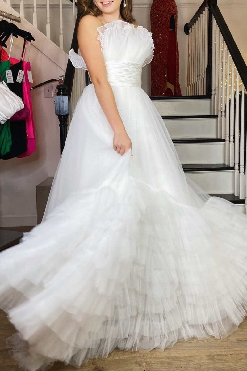 A-line Strapless Tie Long Tulle Prom Dresses