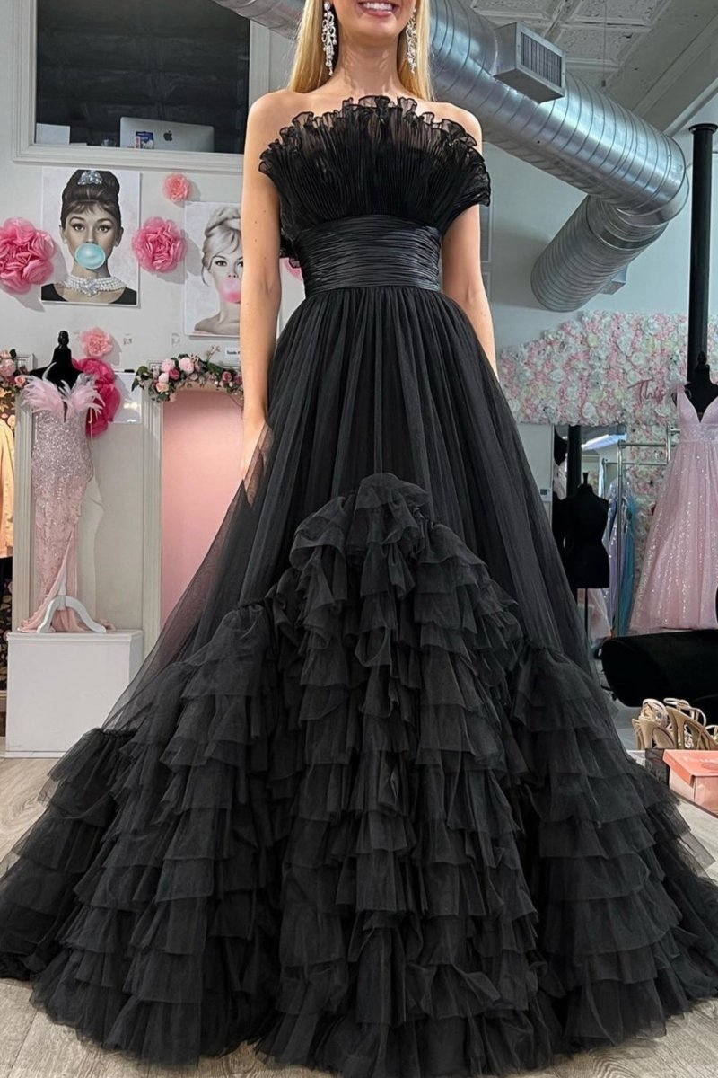 A-line Strapless Tie Long Tulle Prom Dresses