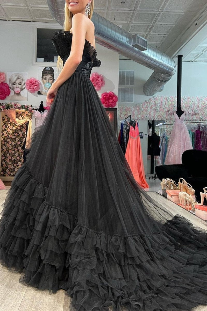 A-line Strapless Tie Long Tulle Prom Dresses