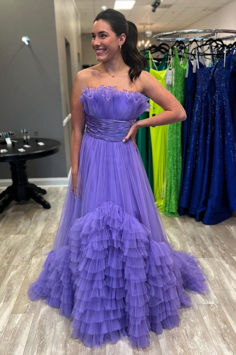 A-line Strapless Tie Long Tulle Prom Dresses