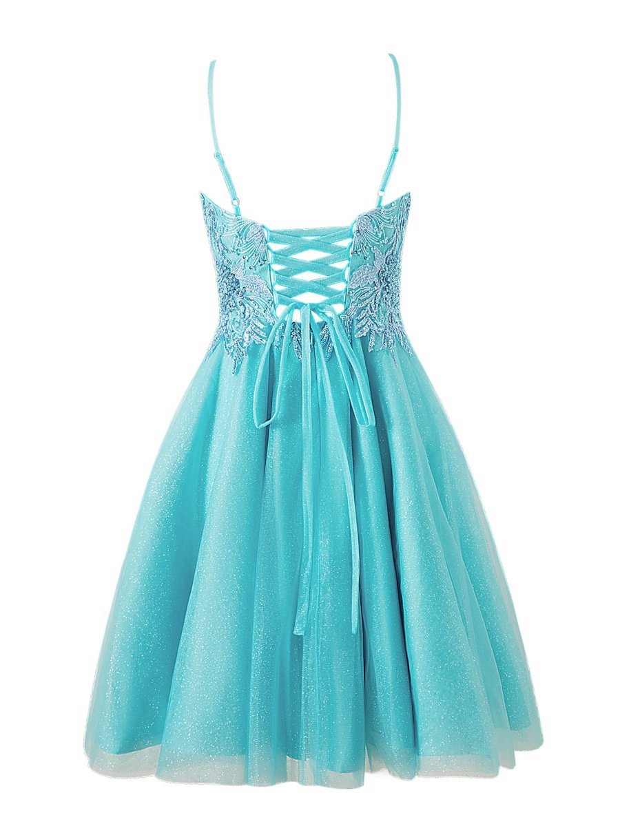A-line Short Spaghetti Strap Glitter Tulle Homecoming Dresses