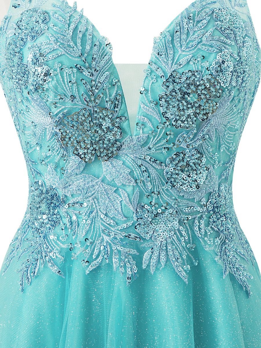 A-line Short Spaghetti Strap Glitter Tulle Homecoming Dresses