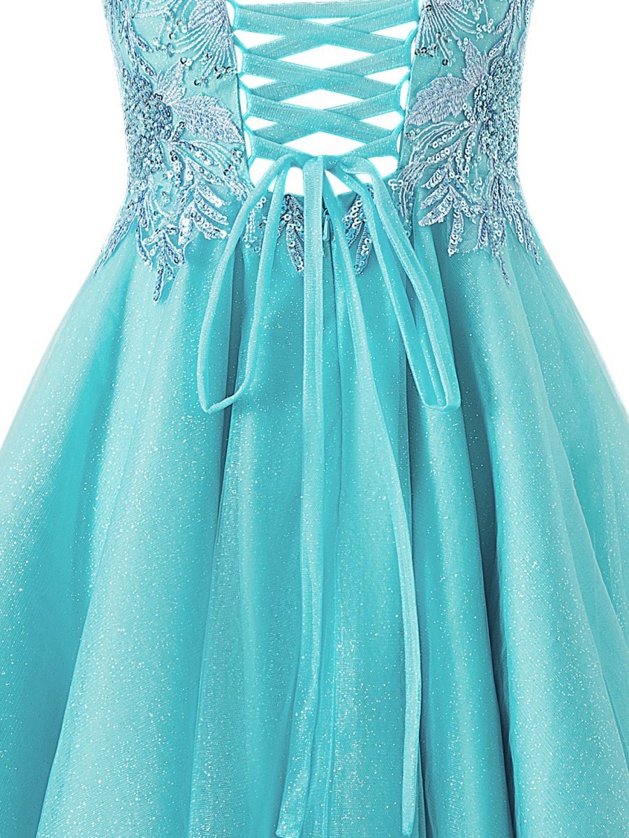 A-line Short Spaghetti Strap Glitter Tulle Homecoming Dresses