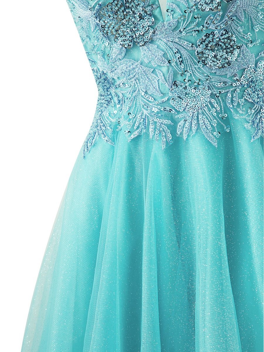 A-line Short Spaghetti Strap Glitter Tulle Homecoming Dresses