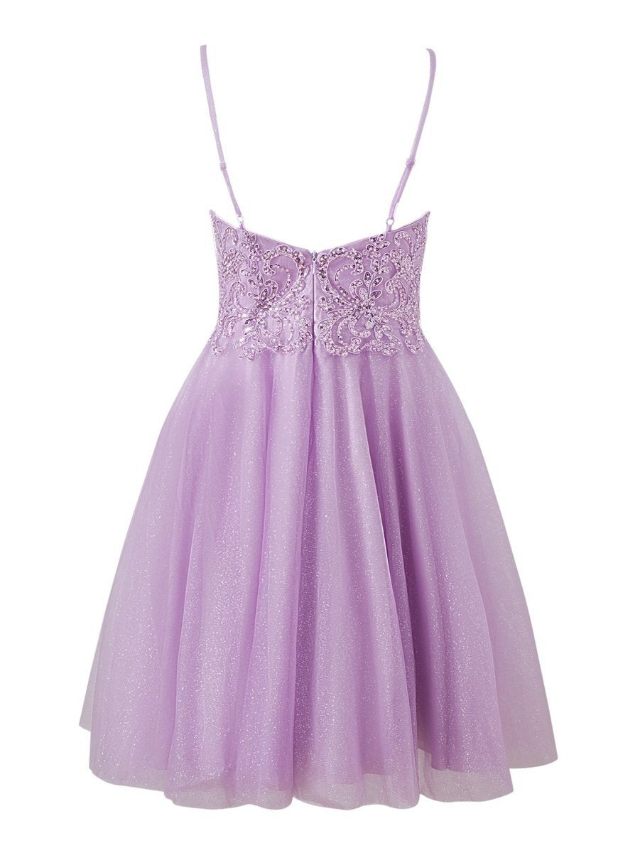A-line Short Spaghetti Strap Glitter Tulle Homecoming Dresses