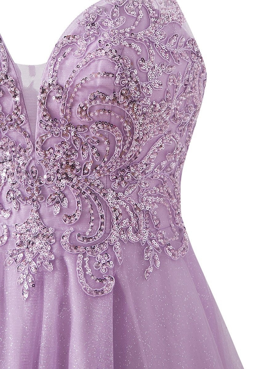 A-line Short Spaghetti Strap Glitter Tulle Homecoming Dresses