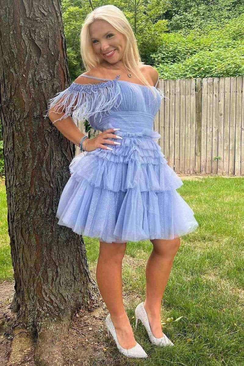 A-line Glitter Tulle Homecoming Dresses with Feather
