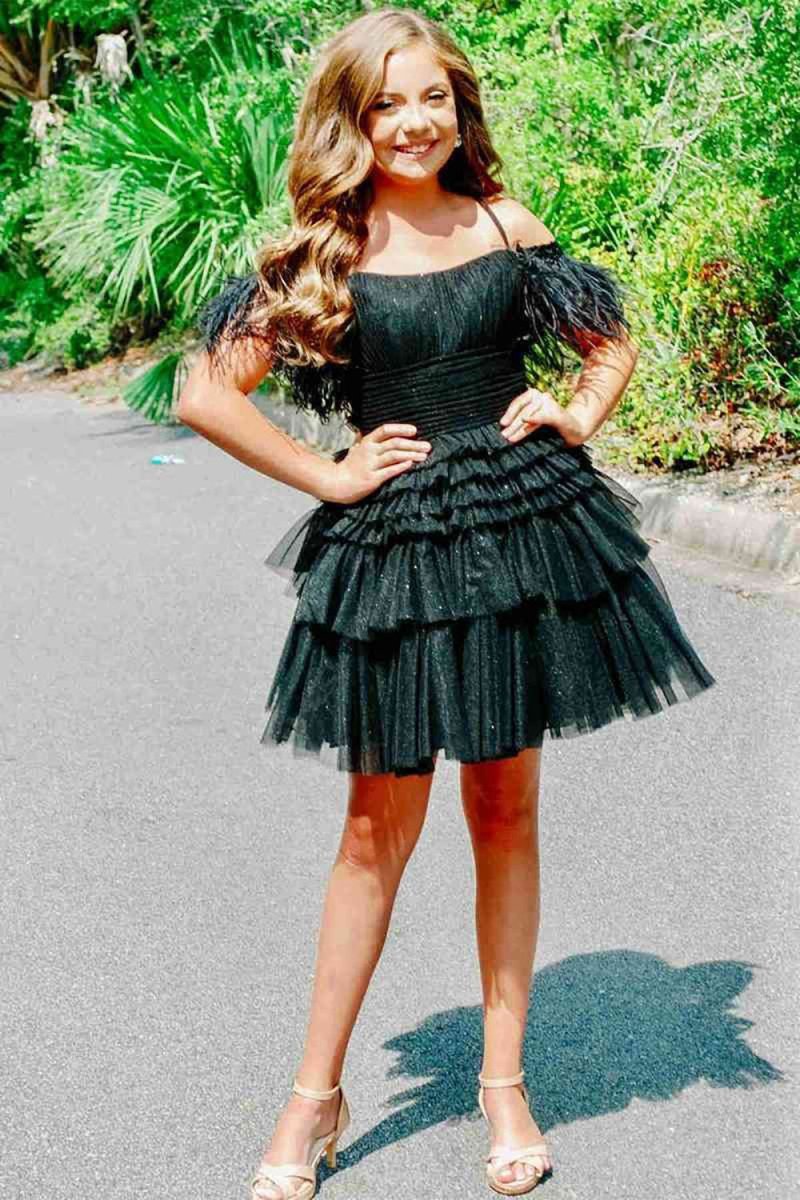 A-line Glitter Tulle Homecoming Dresses with Feather