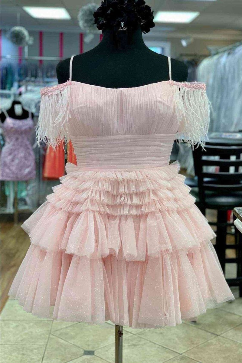 A-line Glitter Tulle Homecoming Dresses with Feather