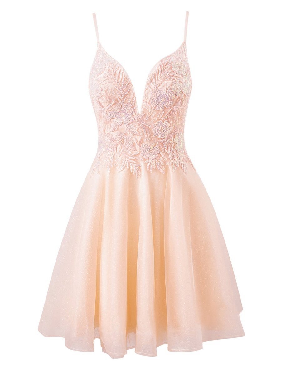A-line Short Spaghetti Strap Glitter Tulle Homecoming Dresses