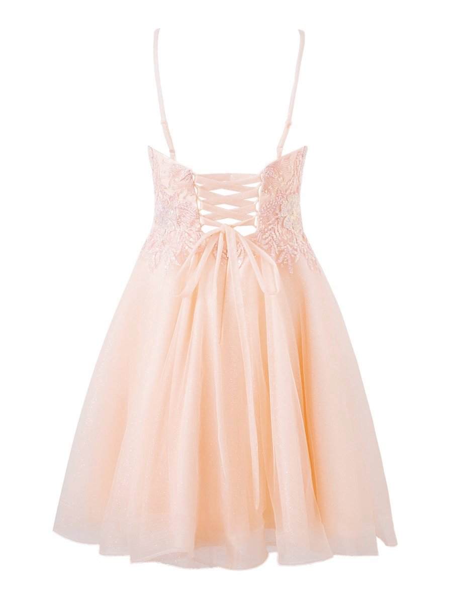 A-line Short Spaghetti Strap Glitter Tulle Homecoming Dresses