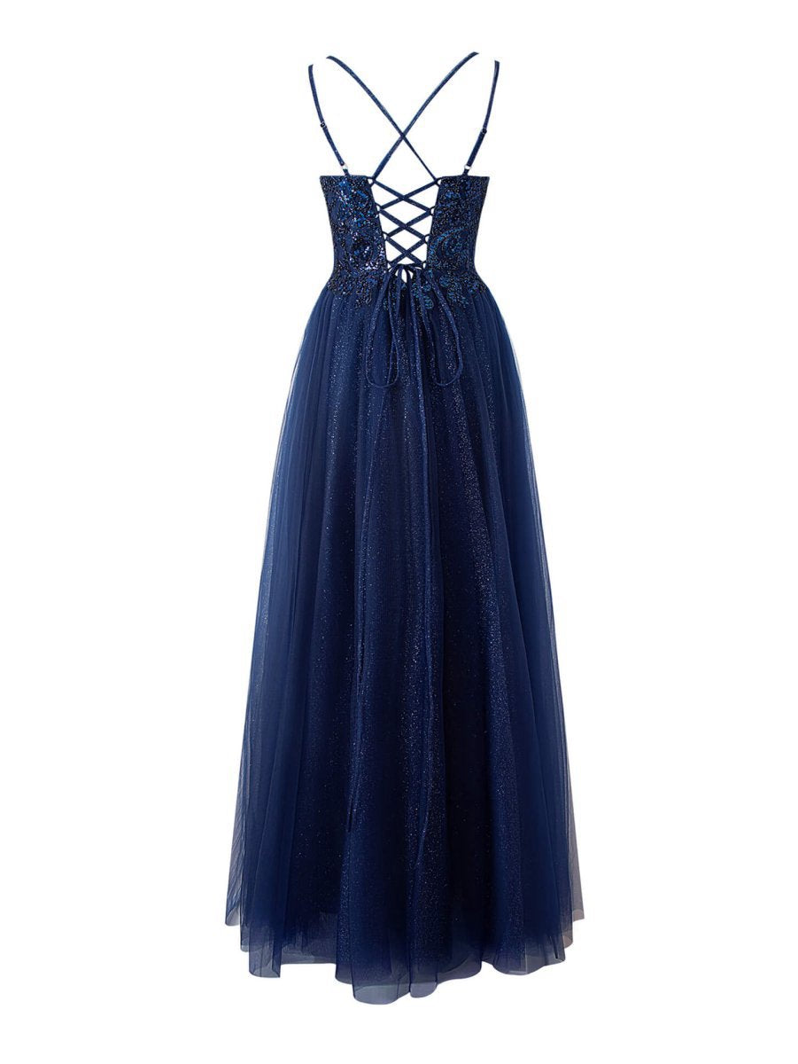 A-line Floor Length Glitter Tulle Prom Dresses