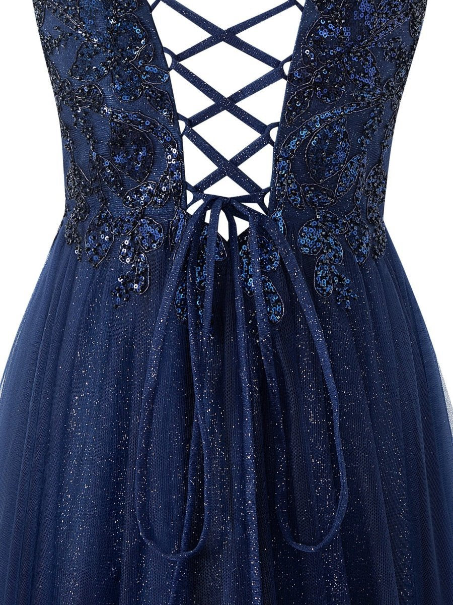 A-line Floor Length Glitter Tulle Prom Dresses