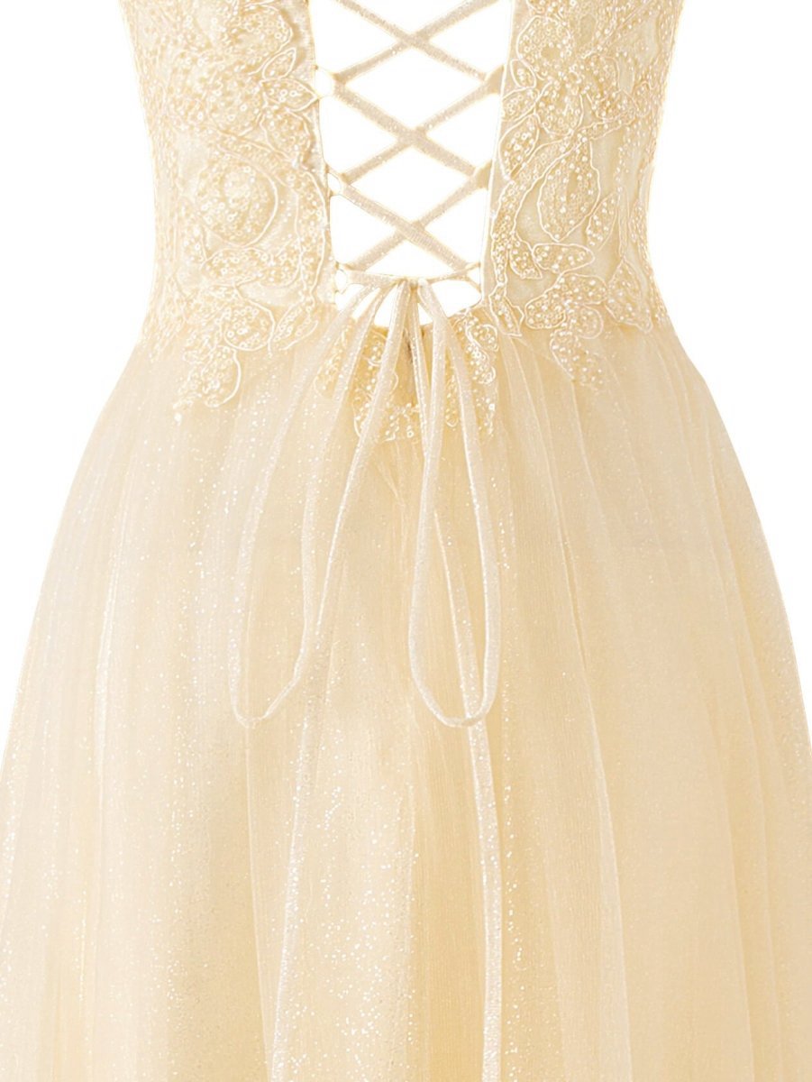 A-line Floor Length Glitter Tulle Prom Dresses