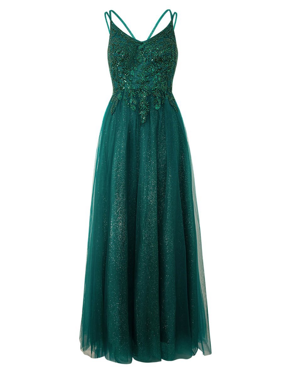 A-line Floor Length Glitter Tulle Prom Dresses