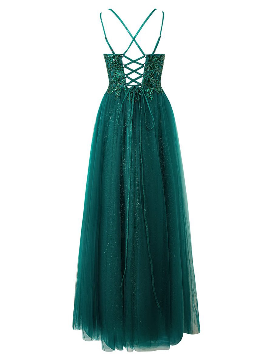 A-line Floor Length Glitter Tulle Prom Dresses
