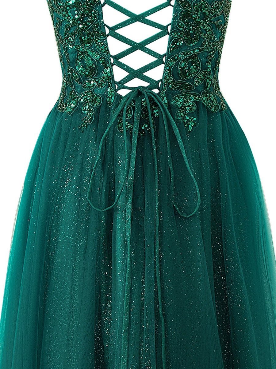 A-line Floor Length Glitter Tulle Prom Dresses