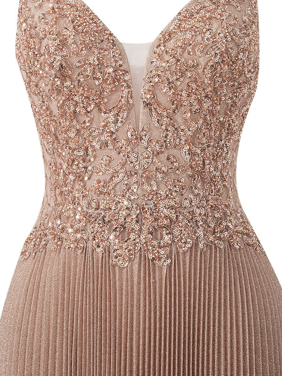 Rose A-line Floor Length Glitter Jersey Prom Dresses with Appliques and Sequins