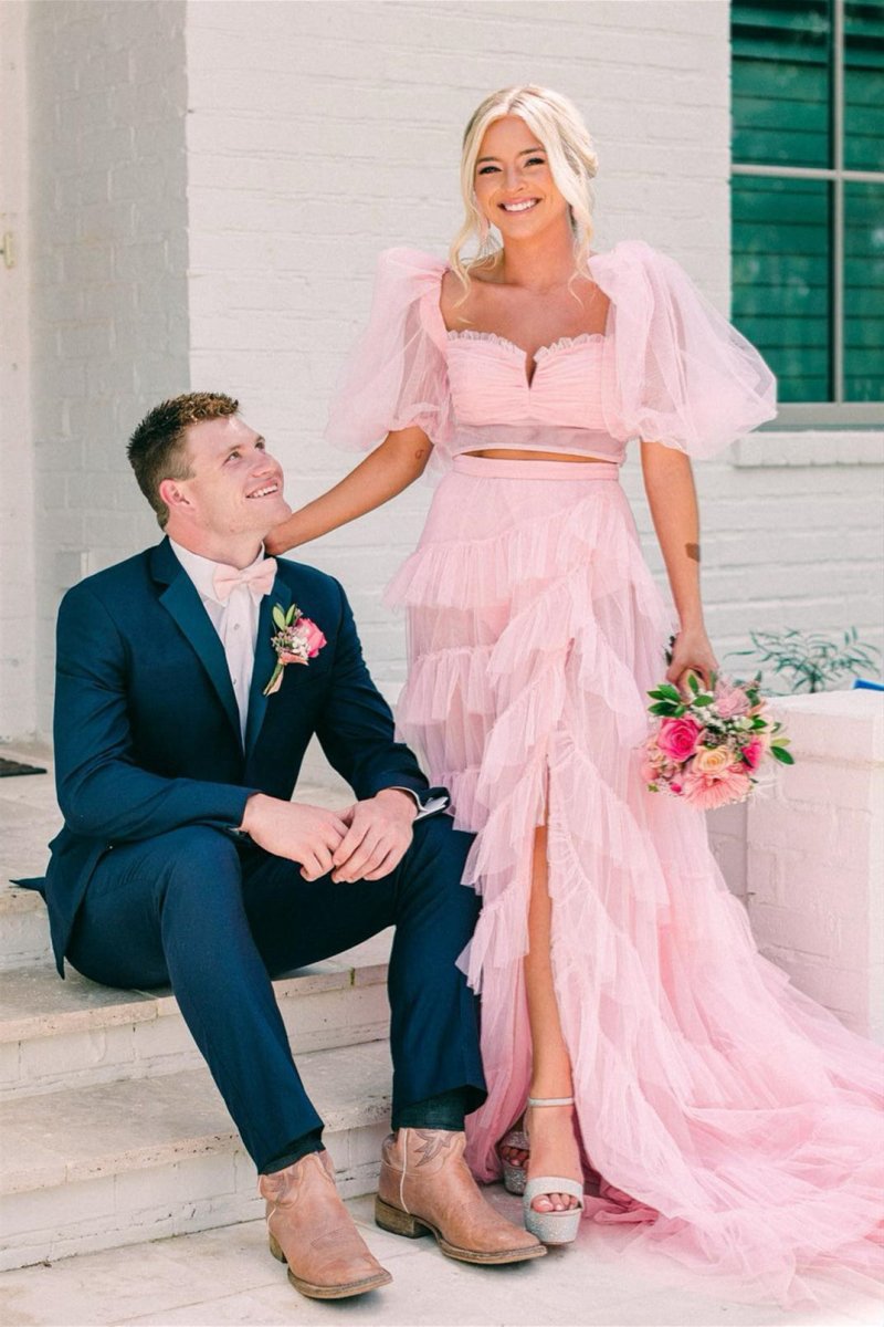 A-line Tow-Piece Tulle Prom Dresses with Slit
