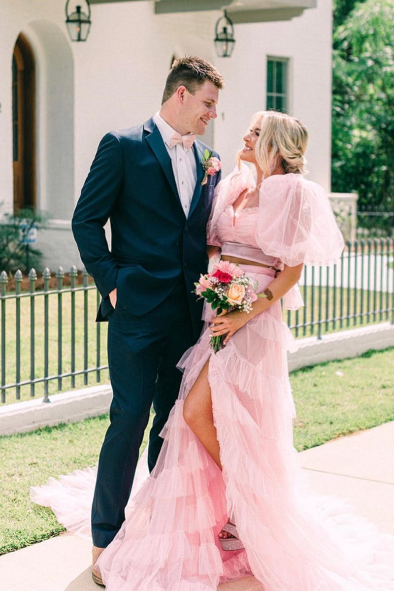 A-line Tow-Piece Tulle Prom Dresses with Slit