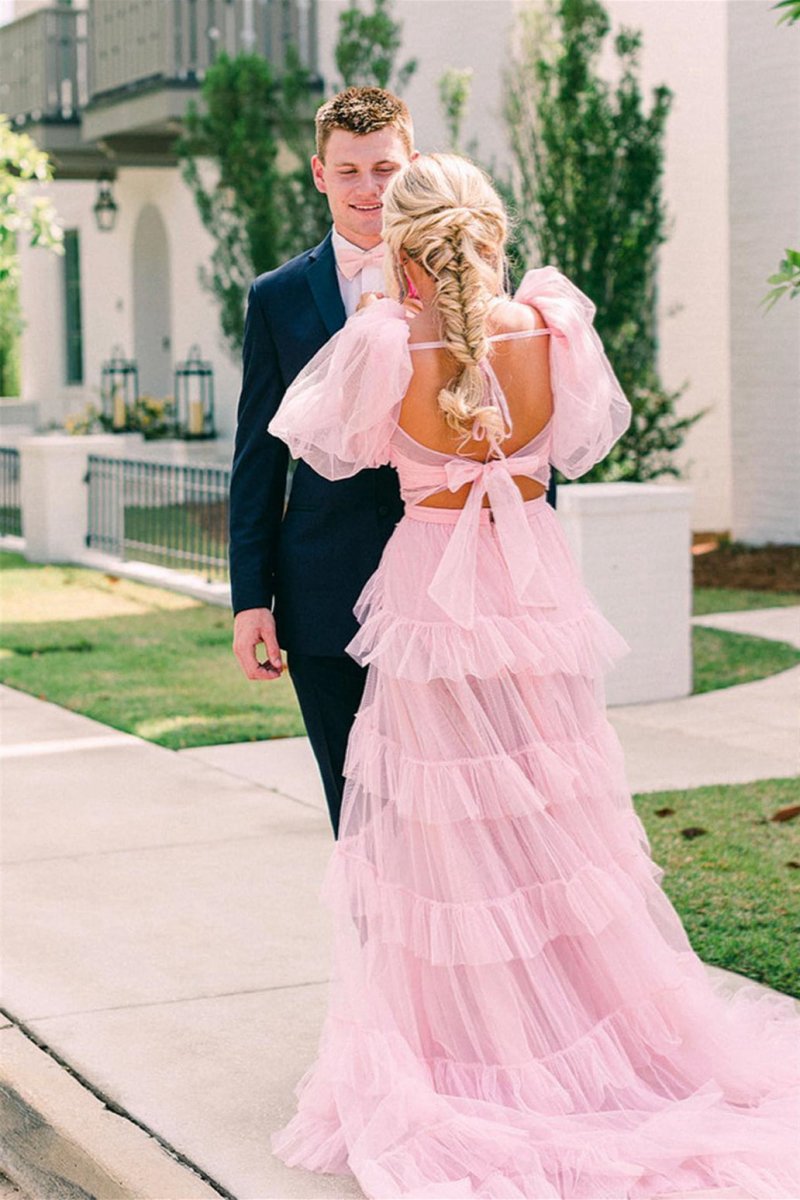 A-line Tow-Piece Tulle Prom Dresses with Slit