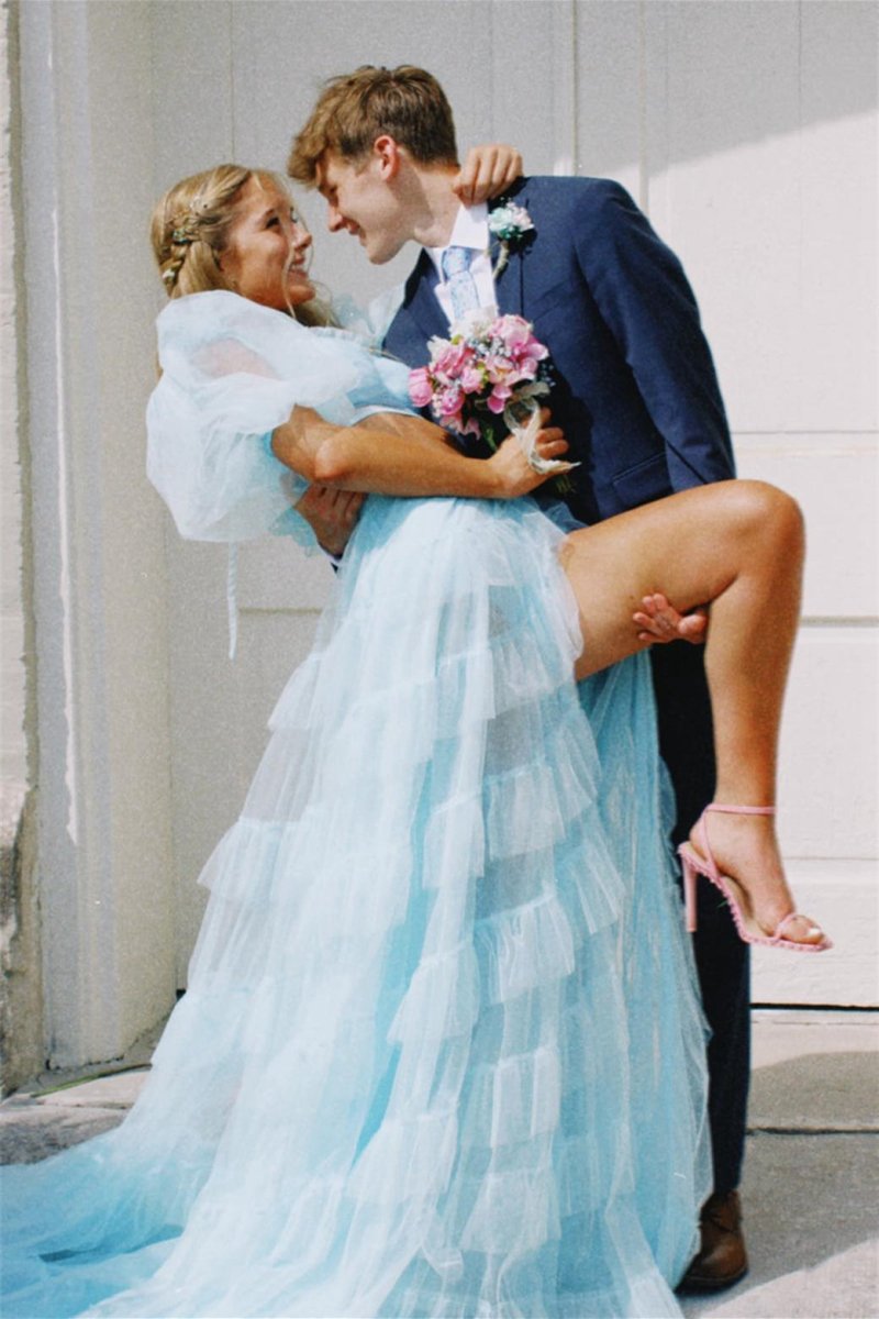 A-line Tow-Piece Tulle Prom Dresses with Slit